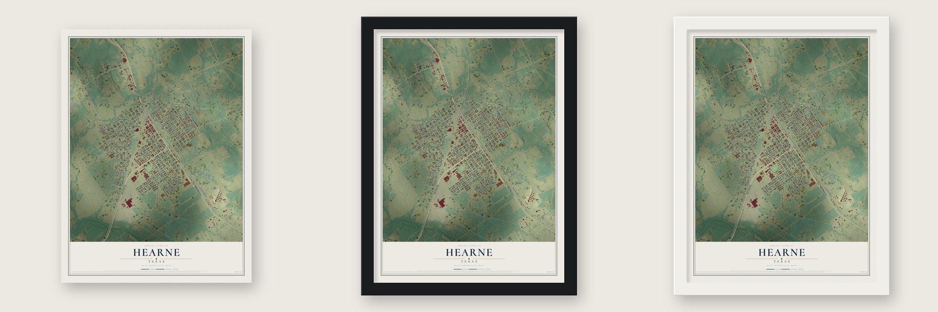 Hearne, Texas map unframed, in a black wood frame and in a white wood frame