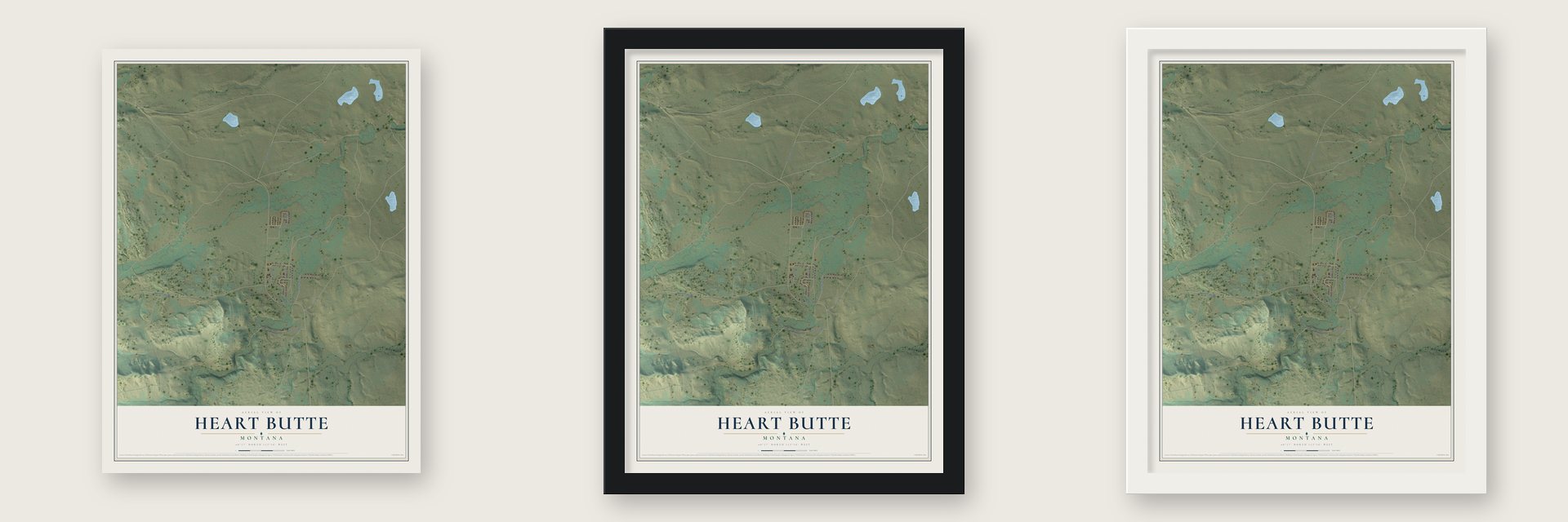 Heart Butte, Montana map unframed, in a black wood frame and in a white wood frame