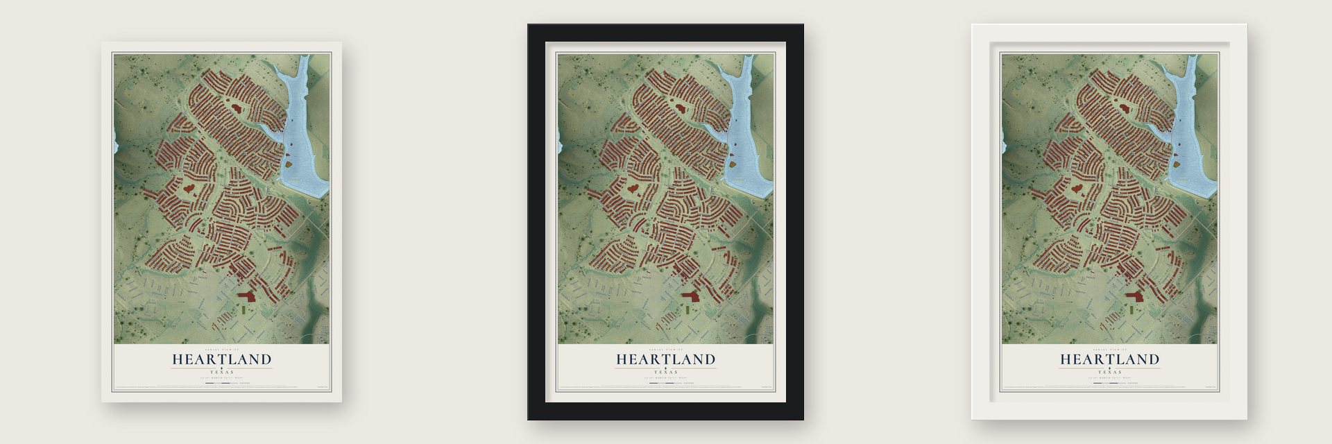 Heartland, Texas map unframed, in a black wood frame and in a white wood frame