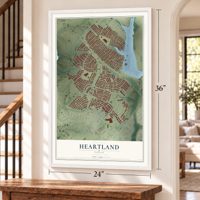Heartland, Texas map, 24 x 36 inch print in a white frame by a staircase