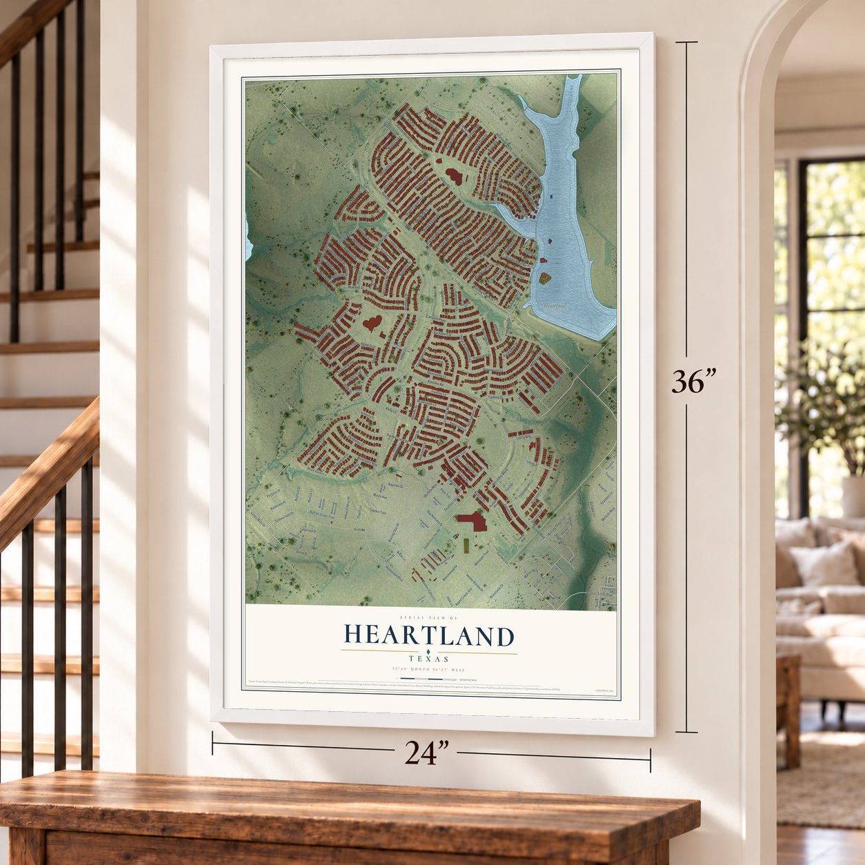 Heartland, Texas map, 24 x 36 inch print in a white frame by a staircase