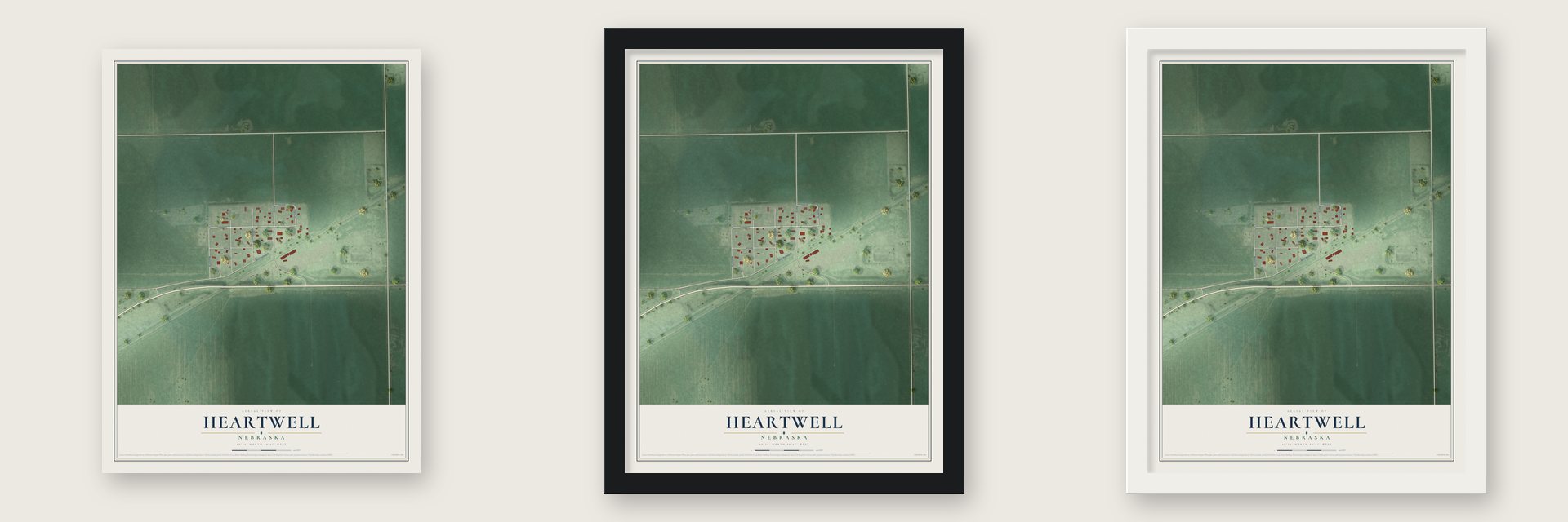 Heartwell, Nebraska map unframed, in a black wood frame and in a white wood frame