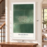 Heartwell, Nebraska map, 24 x 36 inch print in a white frame by a staircase