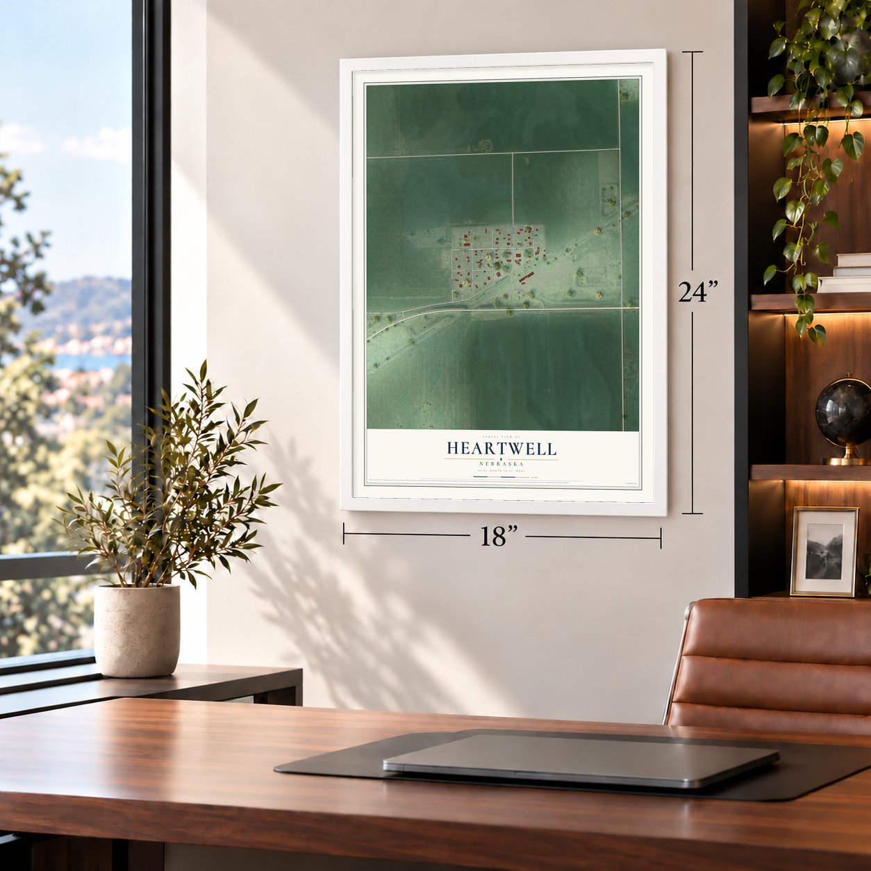 Heartwell, Nebraska map, 18 x 24 inch print in a white frame in a home office