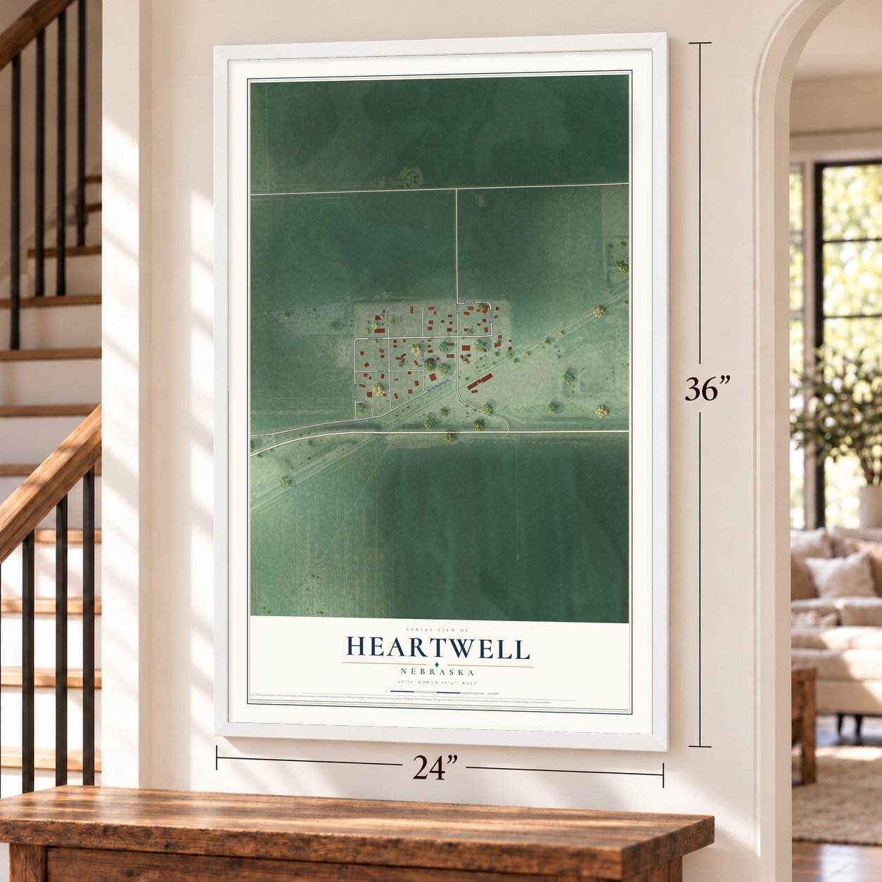 Heartwell, Nebraska map, 24 x 36 inch print in a white frame by a staircase