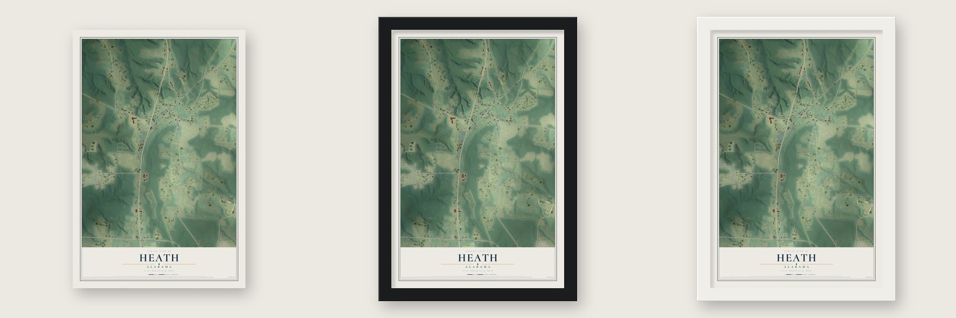 Heath, Alabama map unframed, in a black wood frame and in a white wood frame