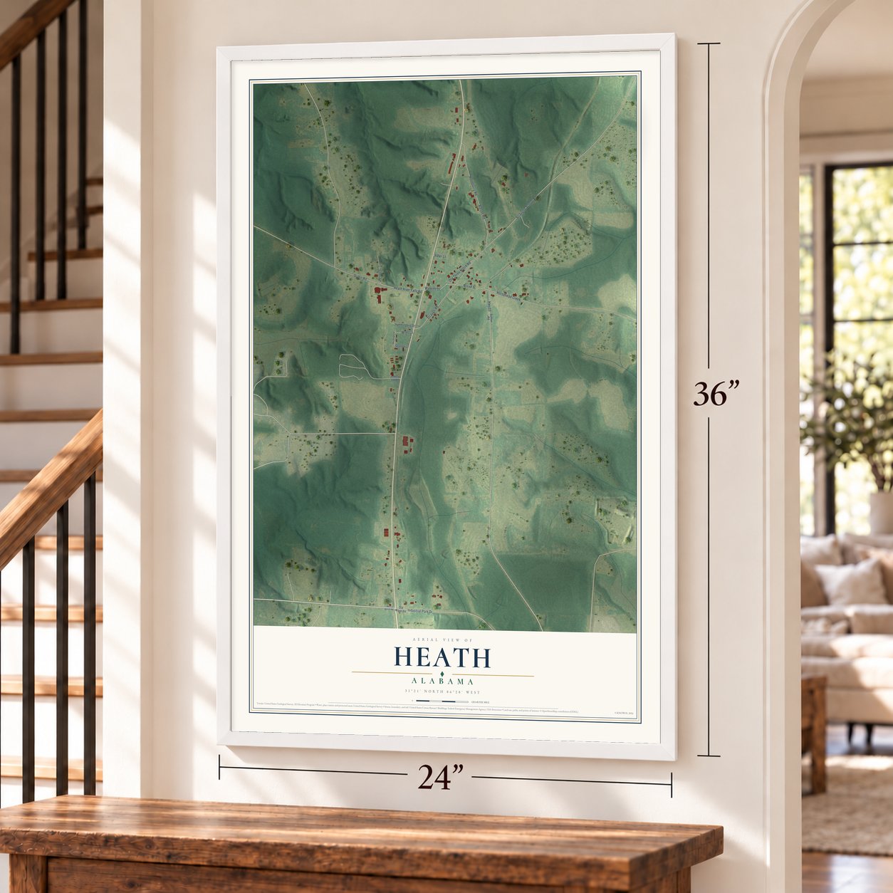 Heath, Alabama map, 24 x 36 inch print in a white frame by a staircase