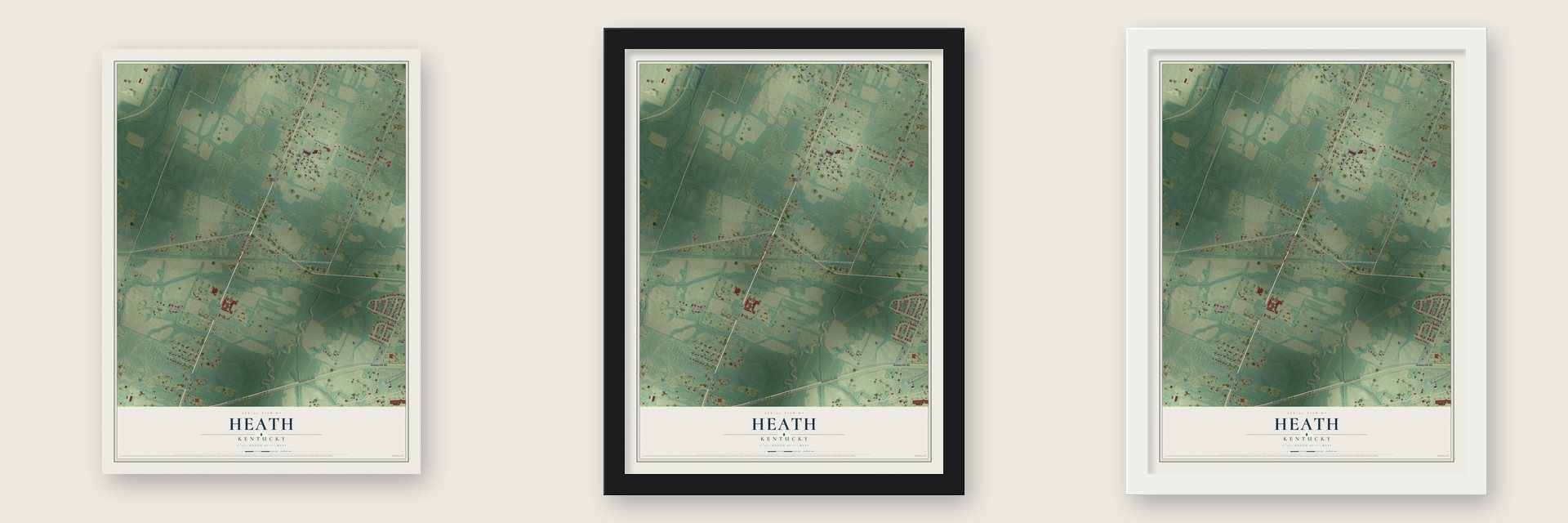 Heath, Kentucky map unframed, in a black wood frame and in a white wood frame
