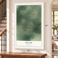 Heath, Kentucky map, 24 x 36 inch print in a white frame by a staircase
