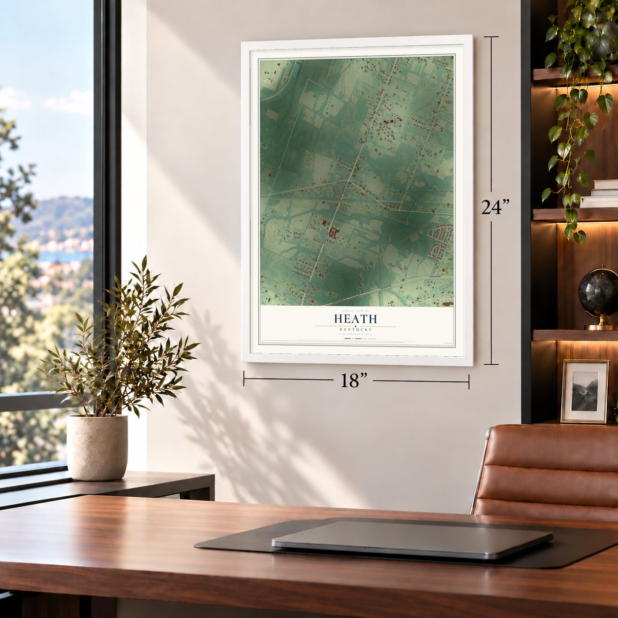 Heath, Kentucky map, 18 x 24 inch print in a white frame in a home office
