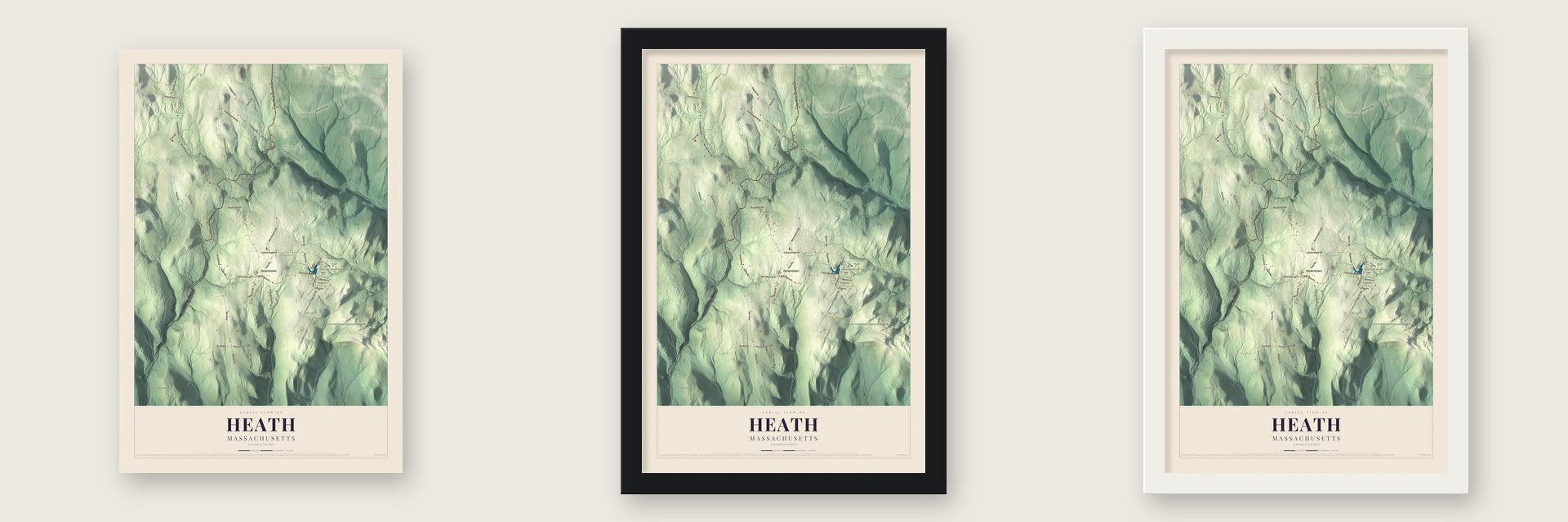 Heath, Massachusetts map unframed, in a black wood frame and in a white wood frame
