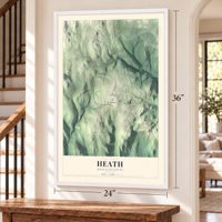 Heath, Massachusetts map, 24 x 36 inch print in a white frame by a staircase