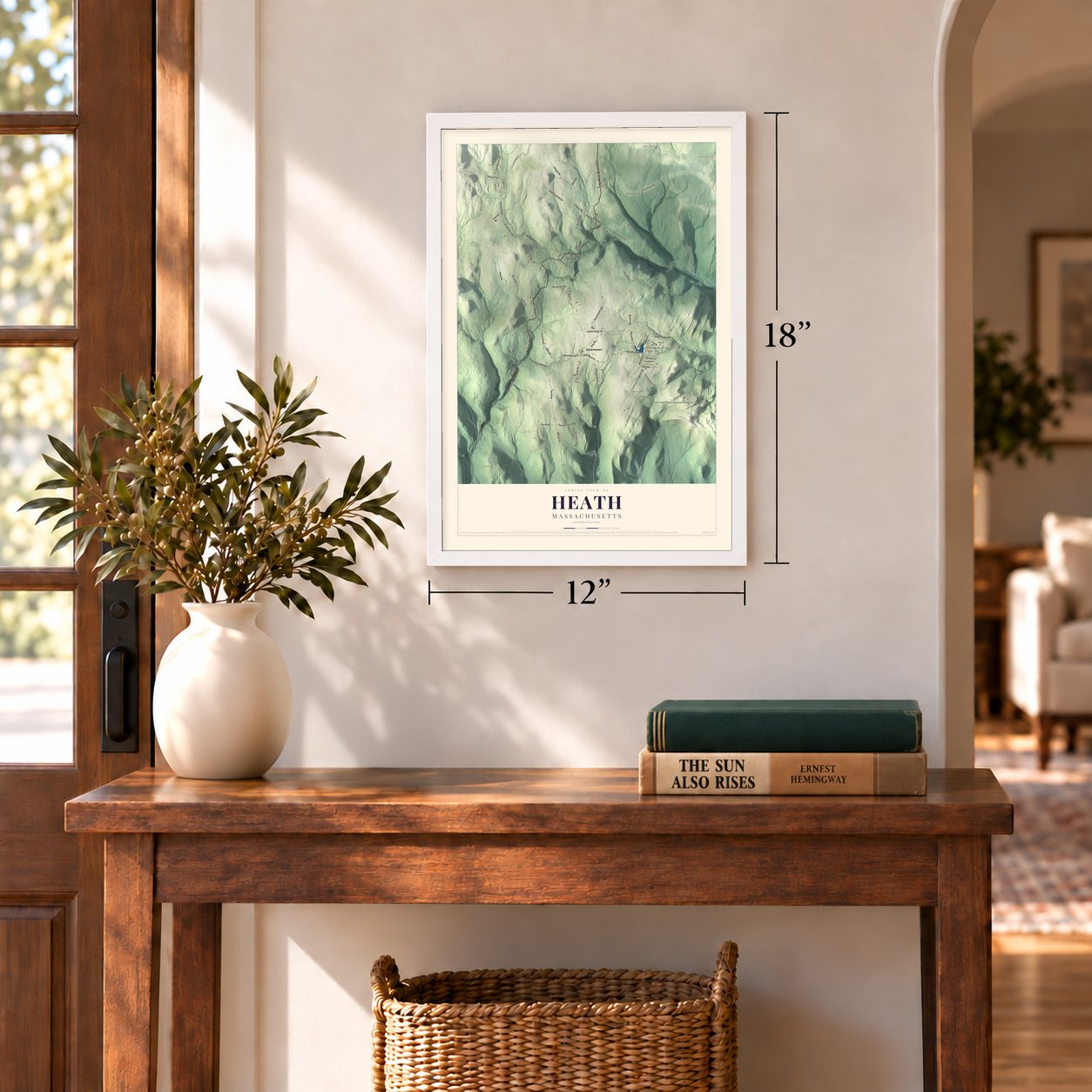 Heath, Massachusetts map, 12 x 18 inch print in a white frame in an entryway