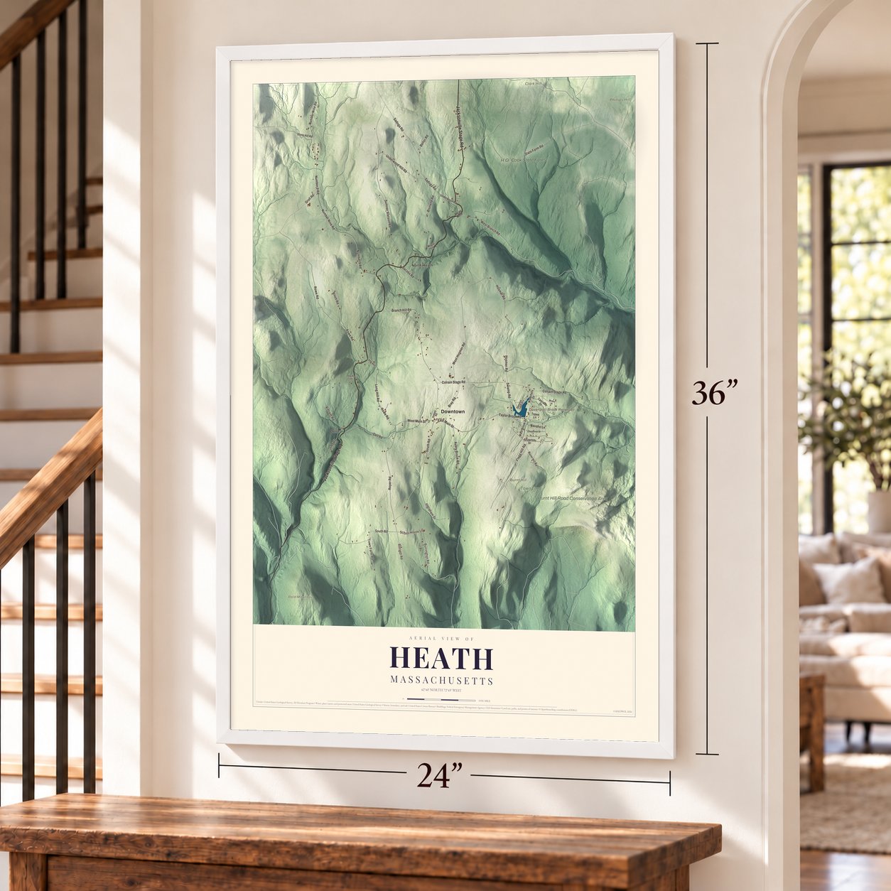 Heath, Massachusetts map, 24 x 36 inch print in a white frame by a staircase