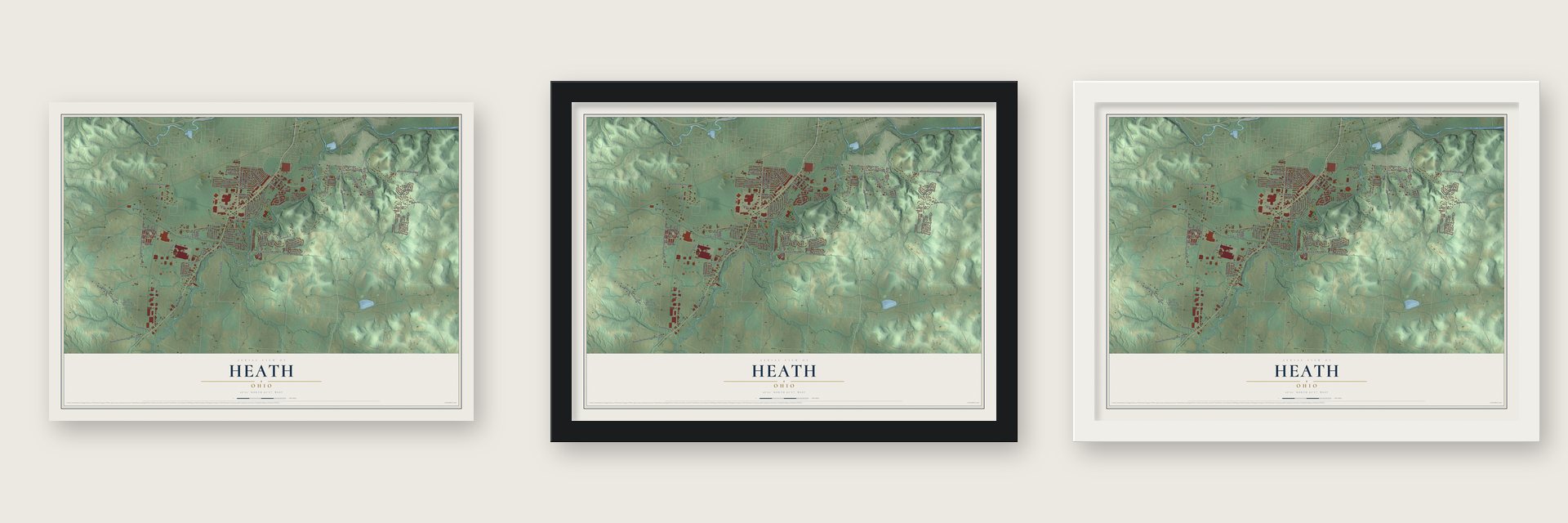 Heath, Ohio map unframed, in a black wood frame and in a white wood frame