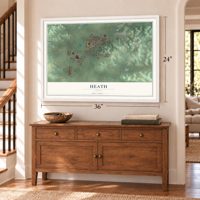 Heath, Ohio map, 24 x 36 inch print in a white frame above a dresser by a staircase