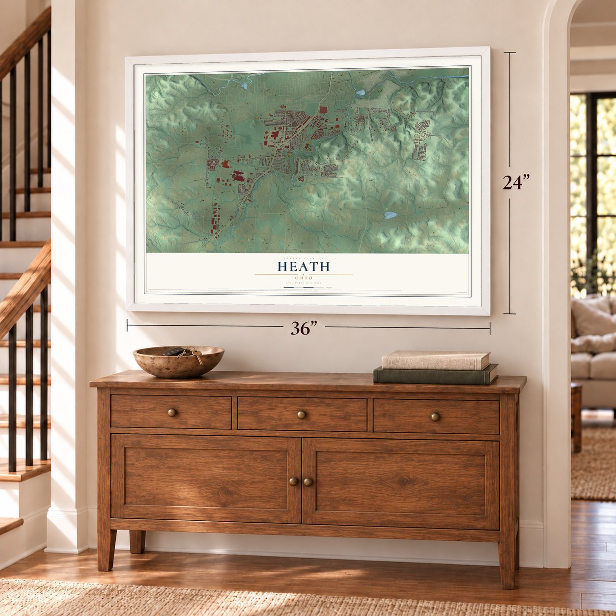 Heath, Ohio map, 24 x 36 inch print in a white frame above a dresser by a staircase
