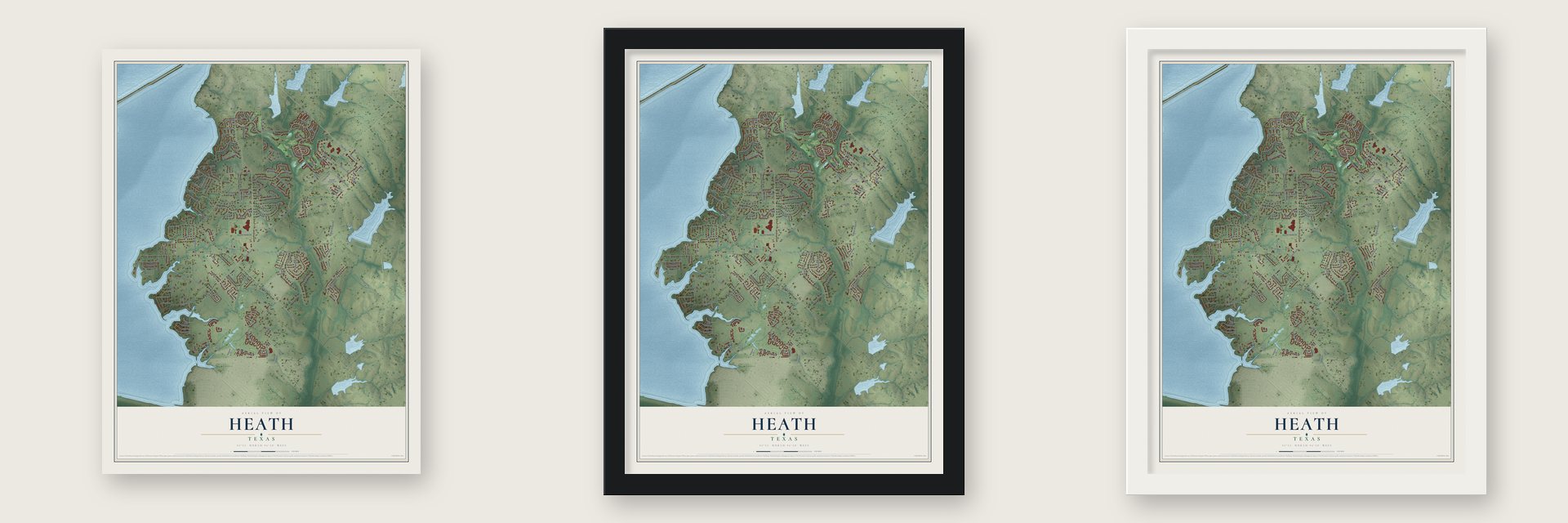 Heath, Texas map unframed, in a black wood frame and in a white wood frame