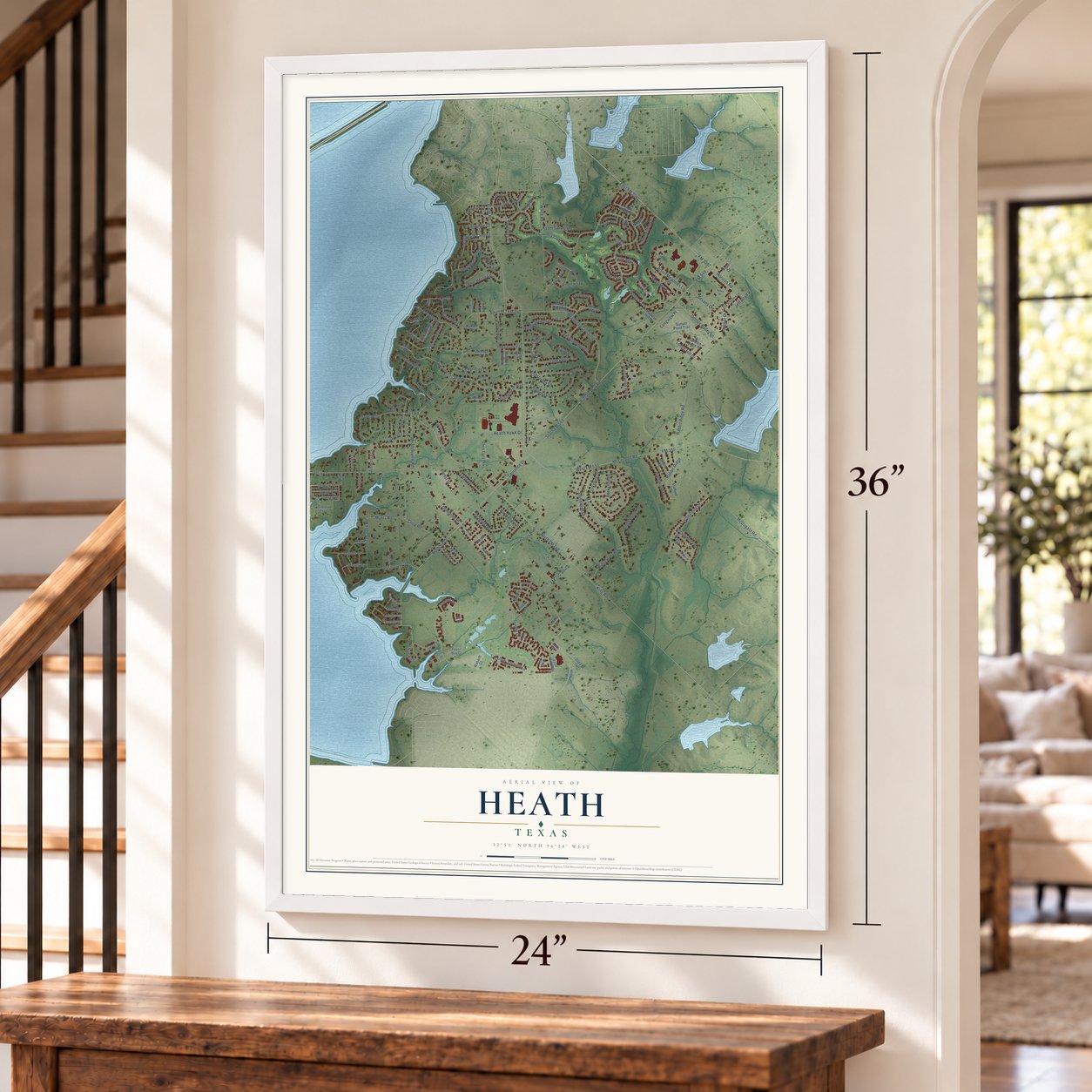 Heath, Texas map, 24 x 36 inch print in a white frame by a staircase