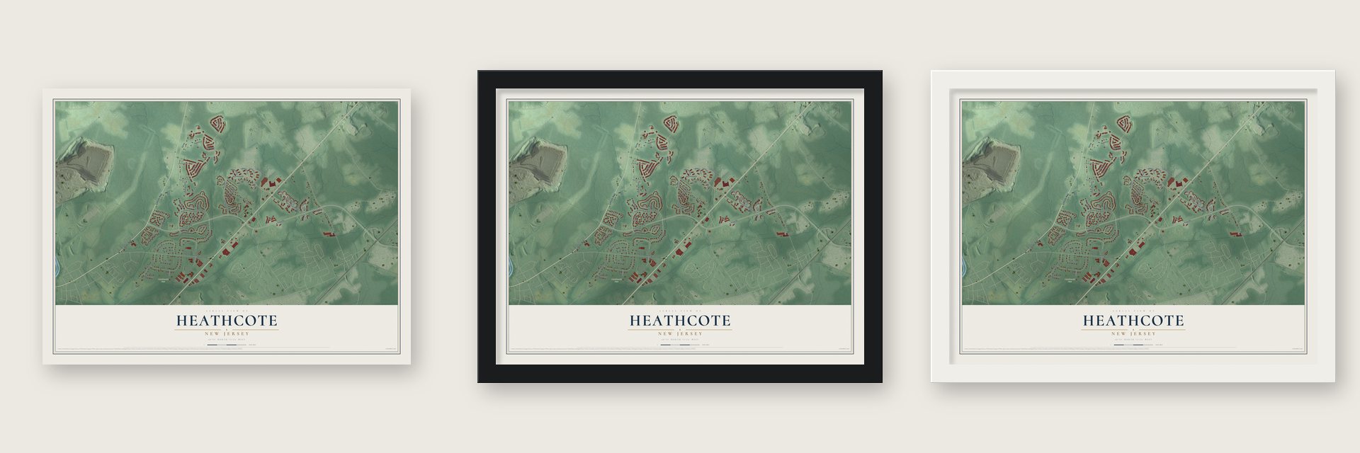 Heathcote, New Jersey map unframed, in a black wood frame and in a white wood frame