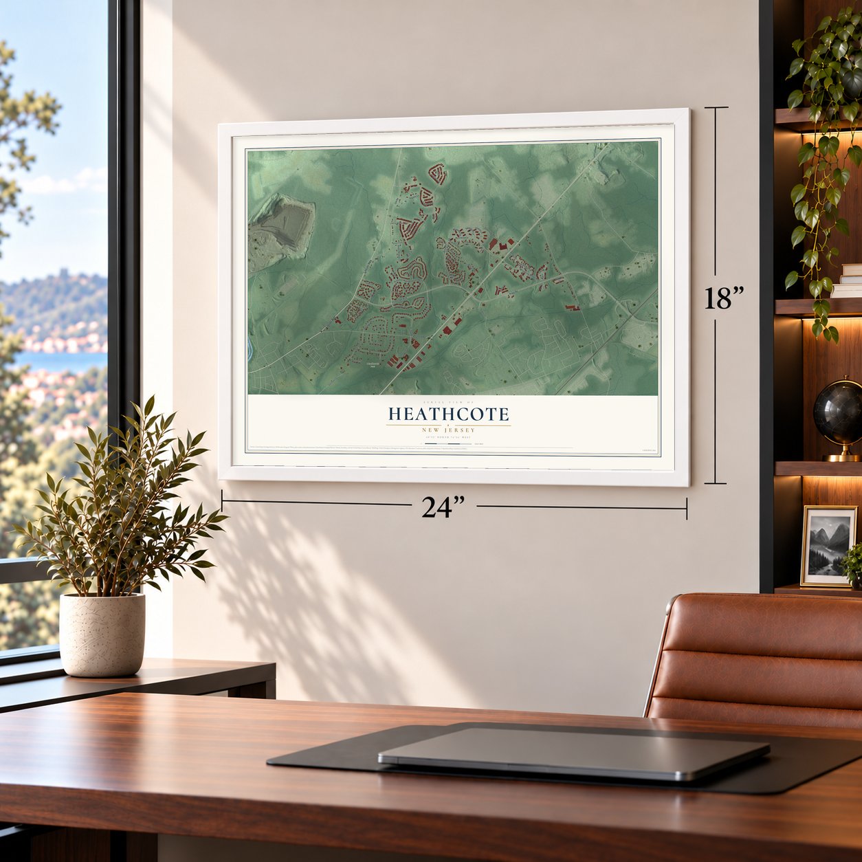 Heathcote, New Jersey map, 18 x 24 inch print in a white frame in a home office