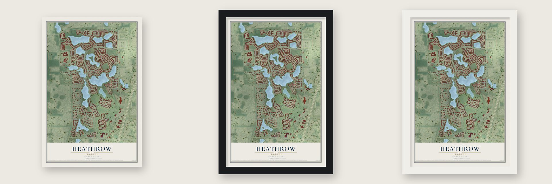 Heathrow, Florida map unframed, in a black wood frame and in a white wood frame