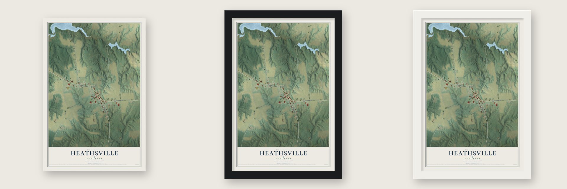 Heathsville, Virginia map unframed, in a black wood frame and in a white wood frame