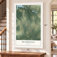 Heathsville, Virginia map, 24 x 36 inch print in a white frame by a staircase