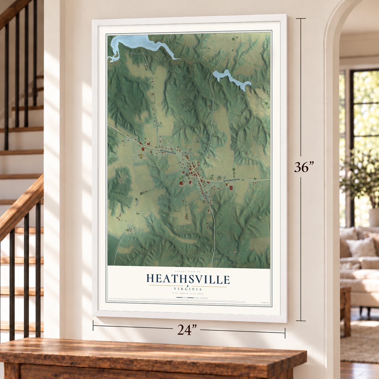 Heathsville, Virginia map, 24 x 36 inch print in a white frame by a staircase