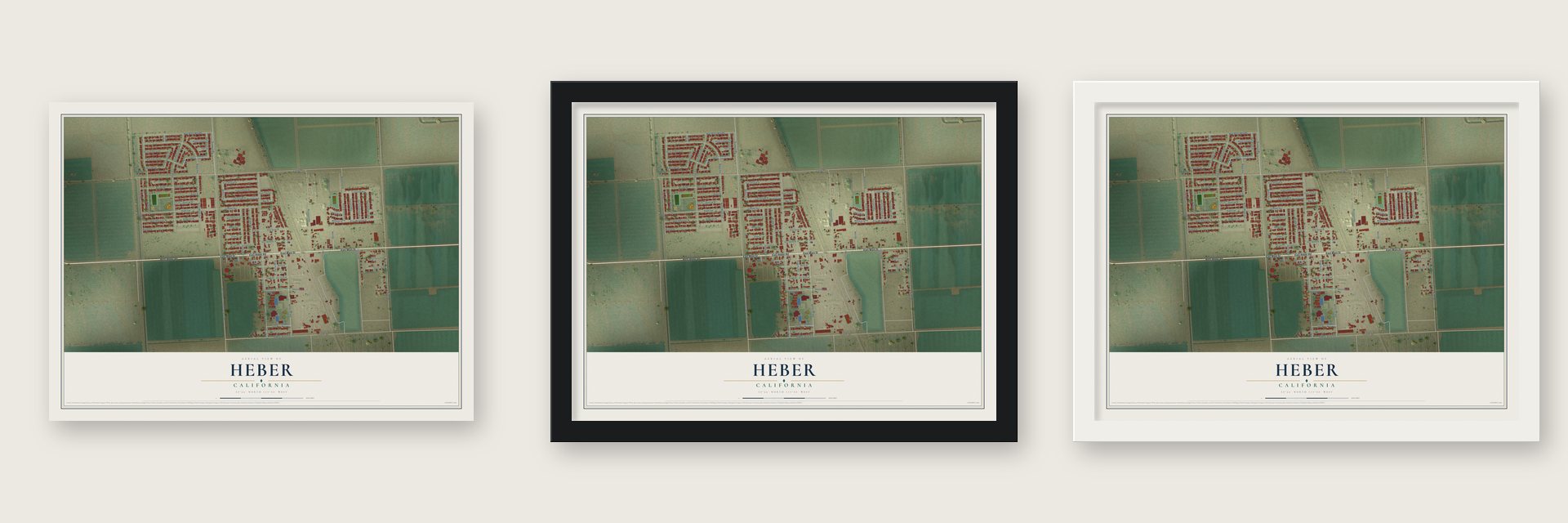 Heber, California map unframed, in a black wood frame and in a white wood frame