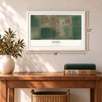 Heber, California map, 12 x 18 inch print in a white frame in an entryway