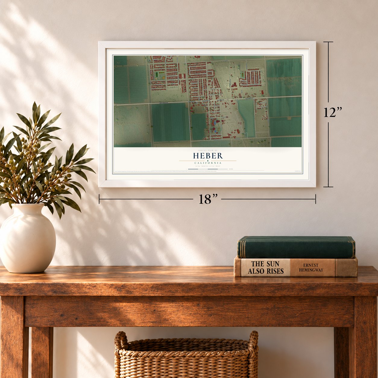 Heber, California map, 12 x 18 inch print in a white frame in an entryway