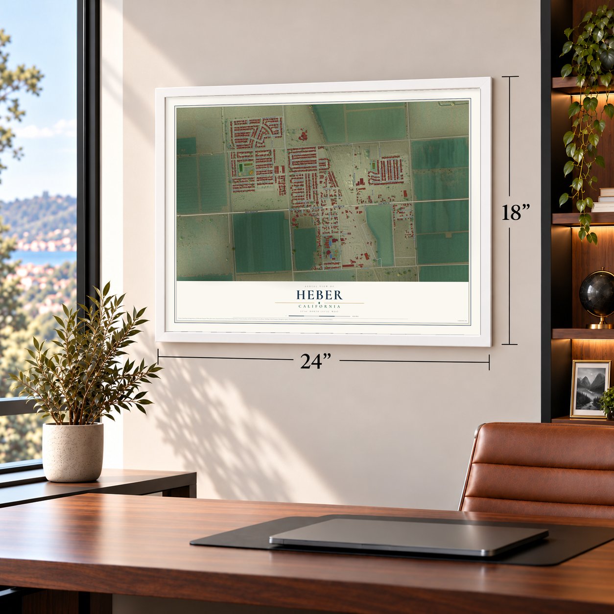 Heber, California map, 18 x 24 inch print in a white frame in a home office