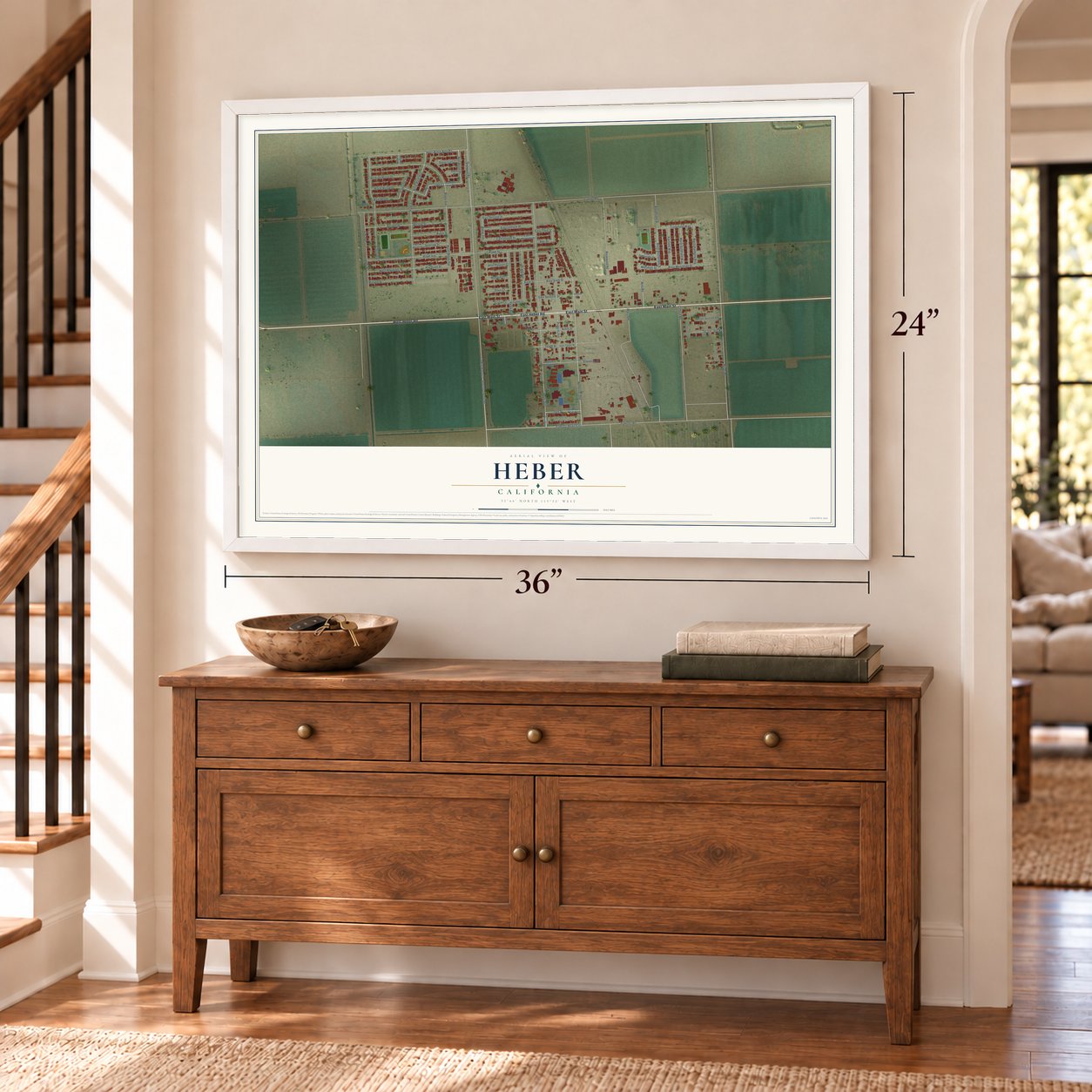 Heber, California map, 24 x 36 inch print in a white frame above a dresser by a staircase
