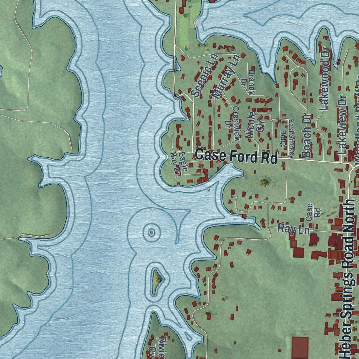 Second close-up of the map of Heber Springs, Arkansas print showing more streets and buildings