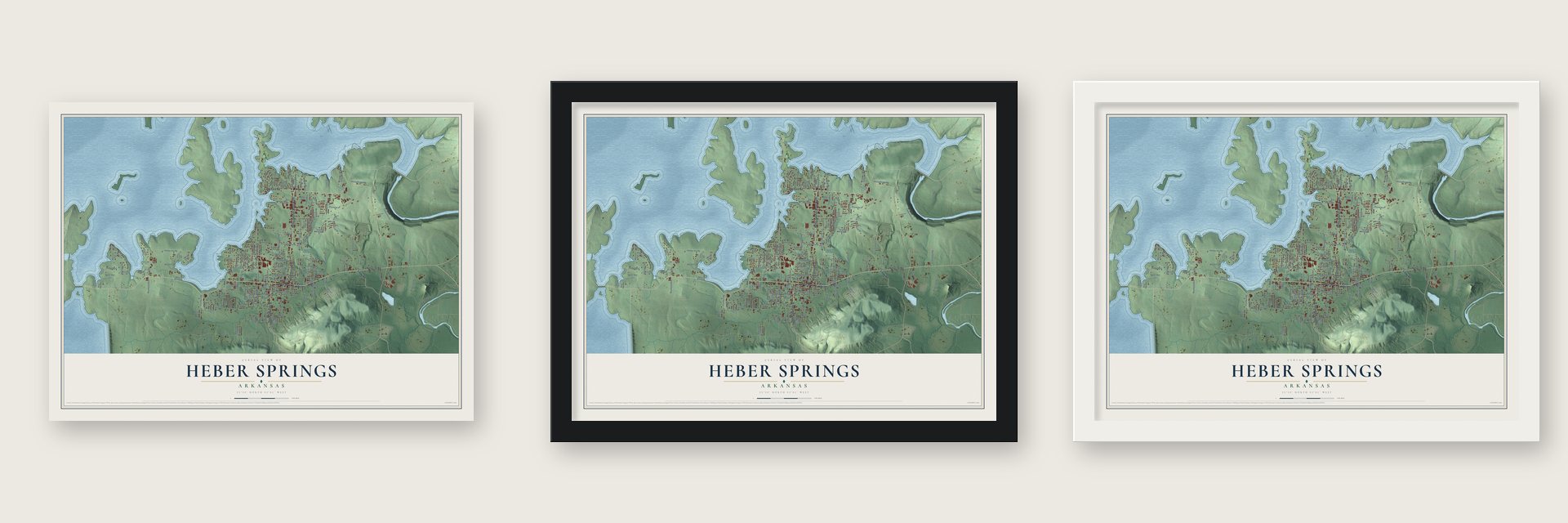 Heber Springs, Arkansas map unframed, in a black wood frame and in a white wood frame
