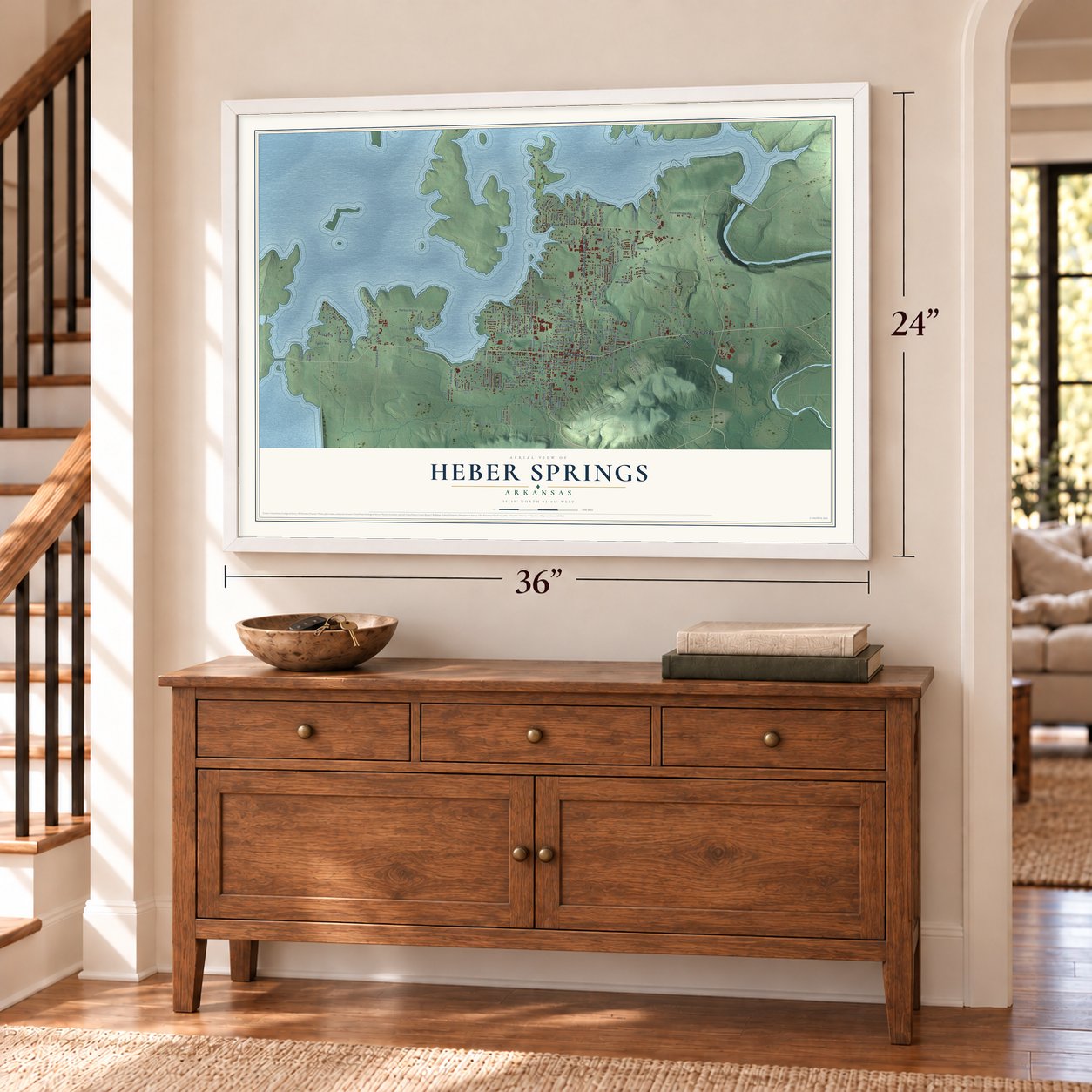 Heber Springs, Arkansas map, 24 x 36 inch print in a white frame above a dresser by a staircase
