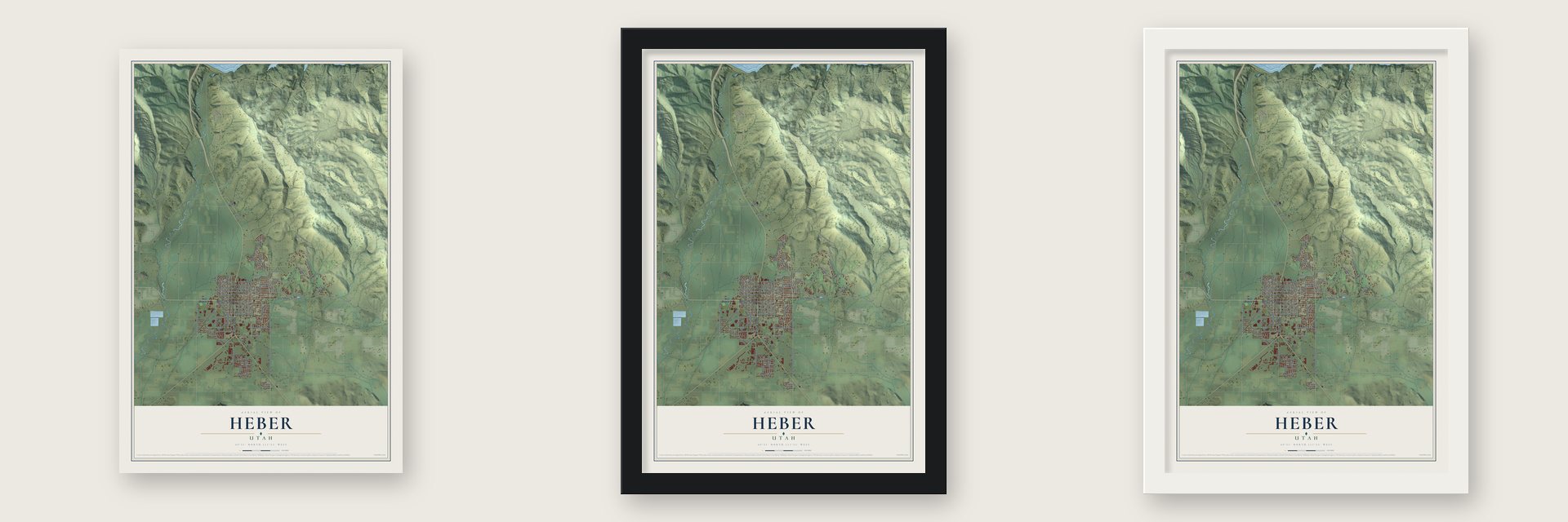 Heber, Utah map unframed, in a black wood frame and in a white wood frame