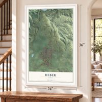 Heber, Utah map, 24 x 36 inch print in a white frame by a staircase
