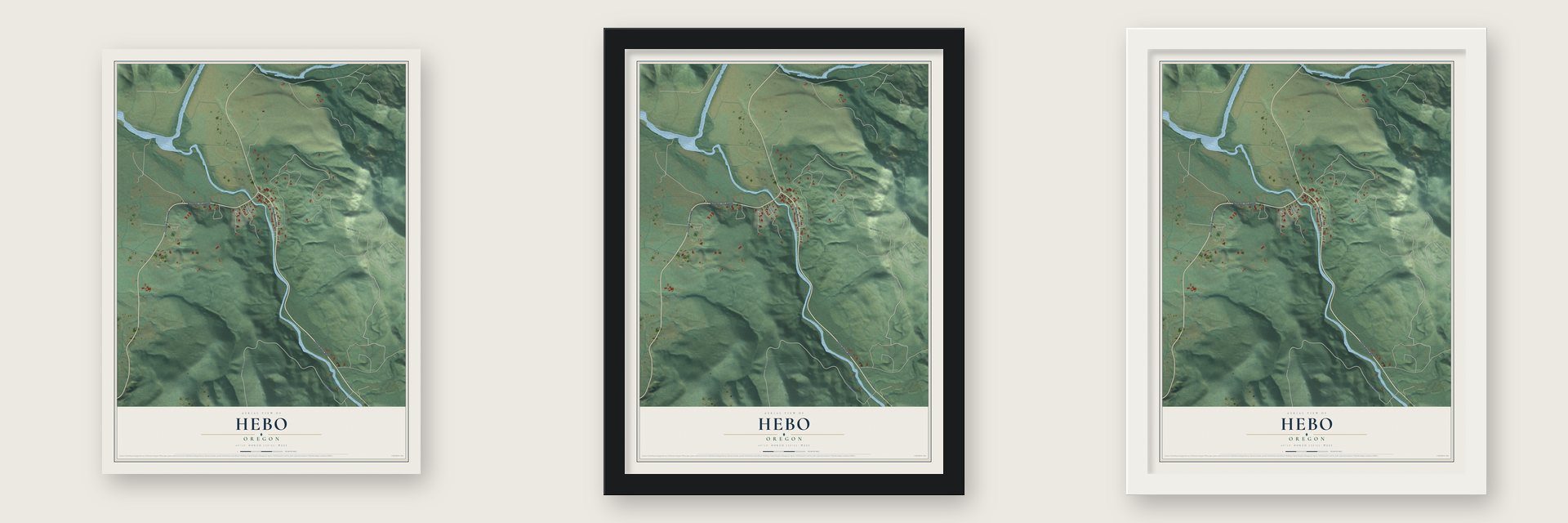 Hebo, Oregon map unframed, in a black wood frame and in a white wood frame