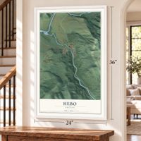 Hebo, Oregon map, 24 x 36 inch print in a white frame by a staircase