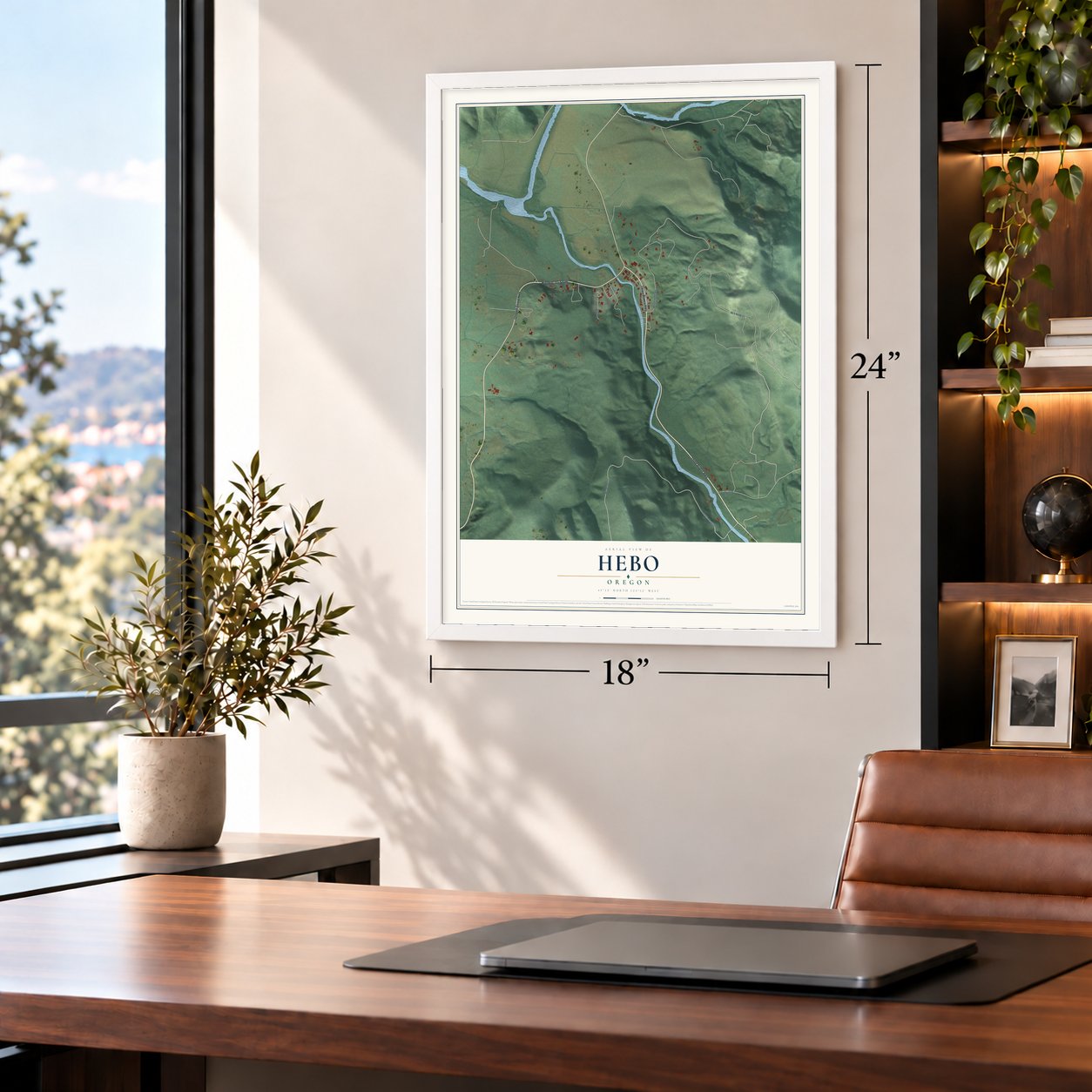 Hebo, Oregon map, 18 x 24 inch print in a white frame in a home office