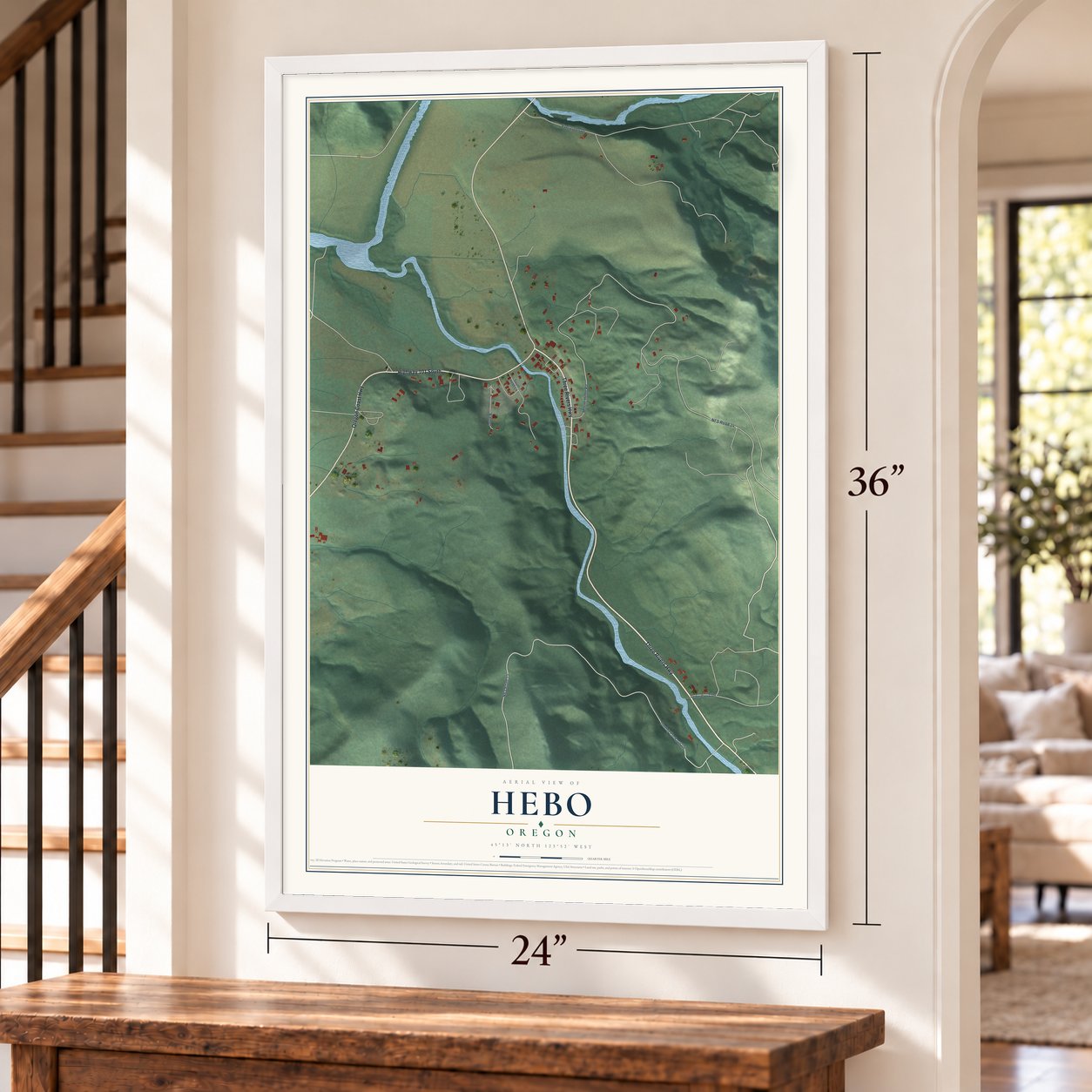 Hebo, Oregon map, 24 x 36 inch print in a white frame by a staircase