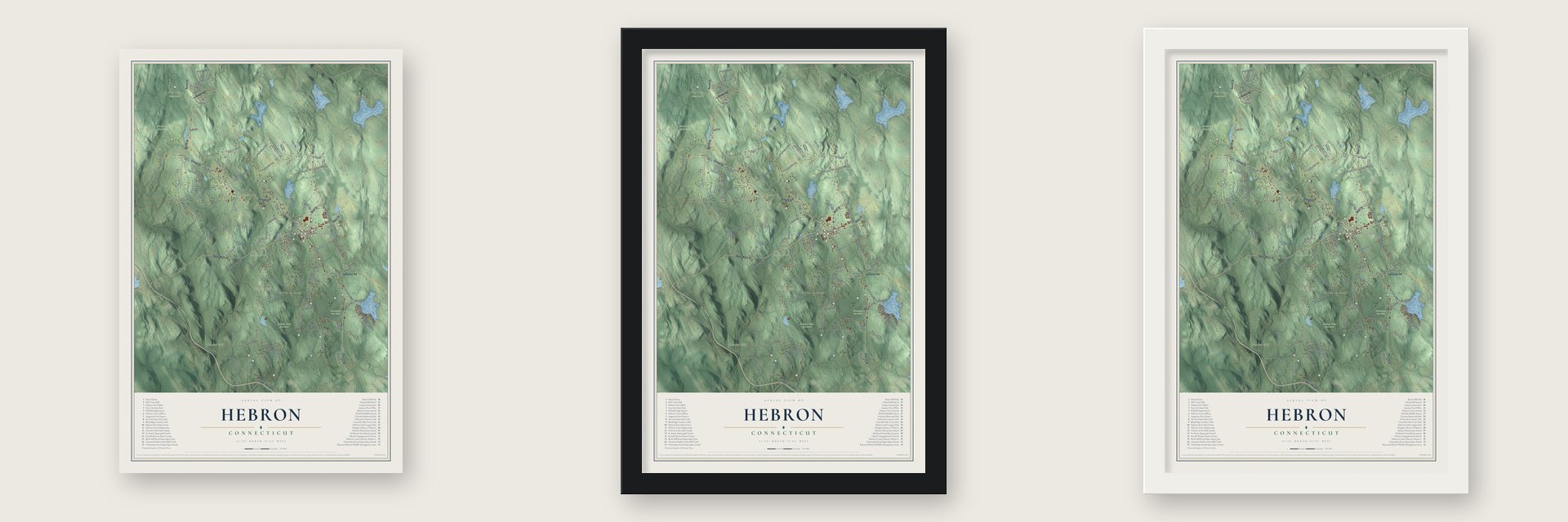 Hebron, Connecticut map unframed, in a black wood frame and in a white wood frame