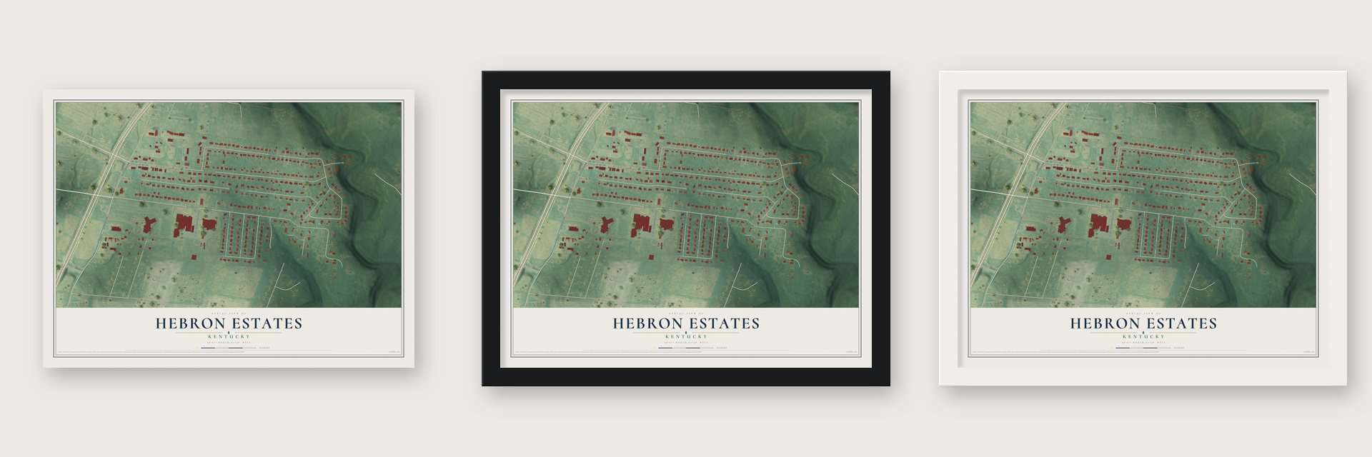 Hebron Estates, Kentucky map unframed, in a black wood frame and in a white wood frame