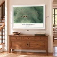 Hebron Estates, Kentucky map, 24 x 36 inch print in a white frame above a dresser by a staircase