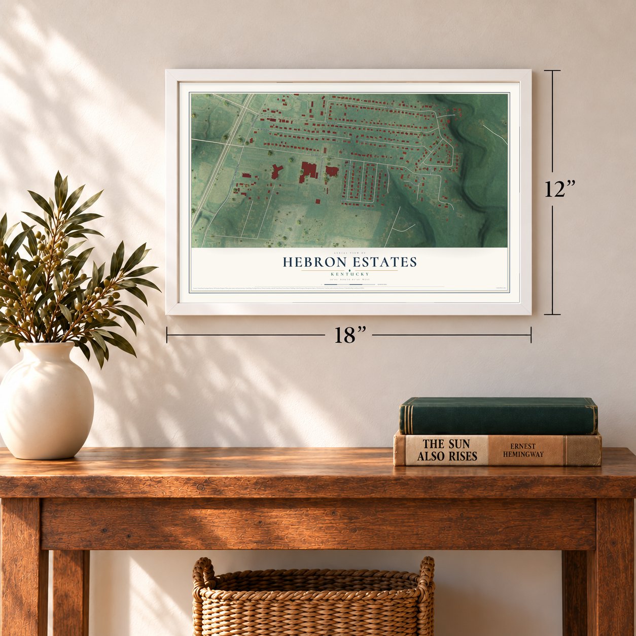 Hebron Estates, Kentucky map, 12 x 18 inch print in a white frame in an entryway