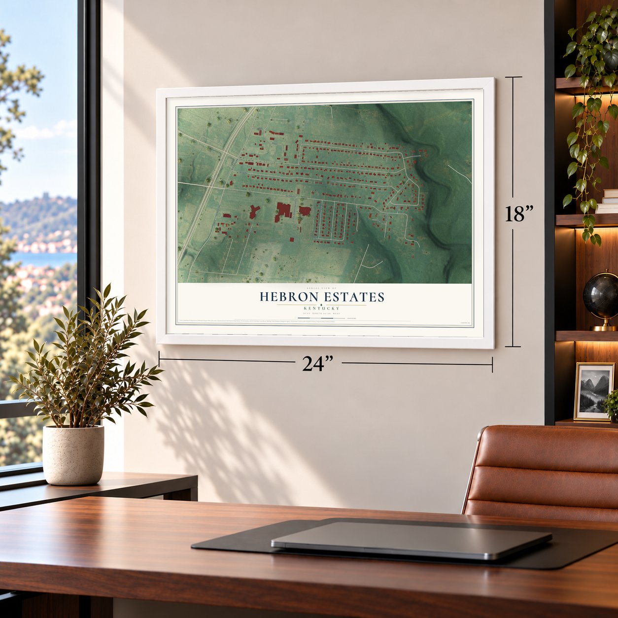 Hebron Estates, Kentucky map, 18 x 24 inch print in a white frame in a home office