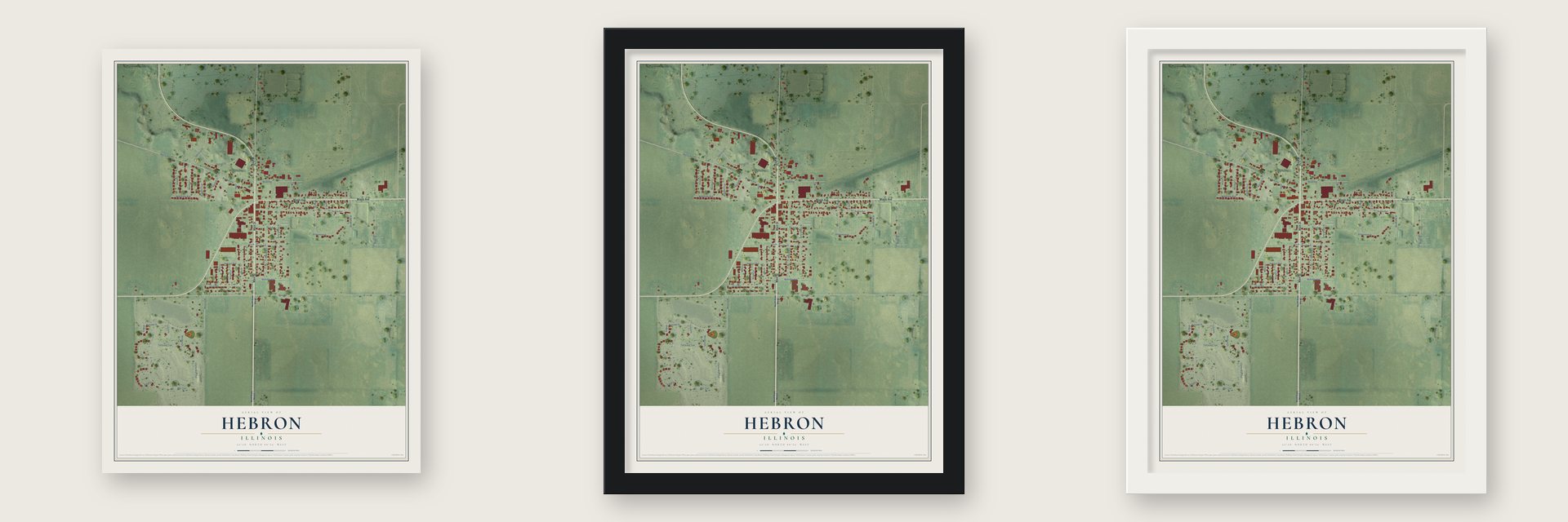Hebron, Illinois map unframed, in a black wood frame and in a white wood frame