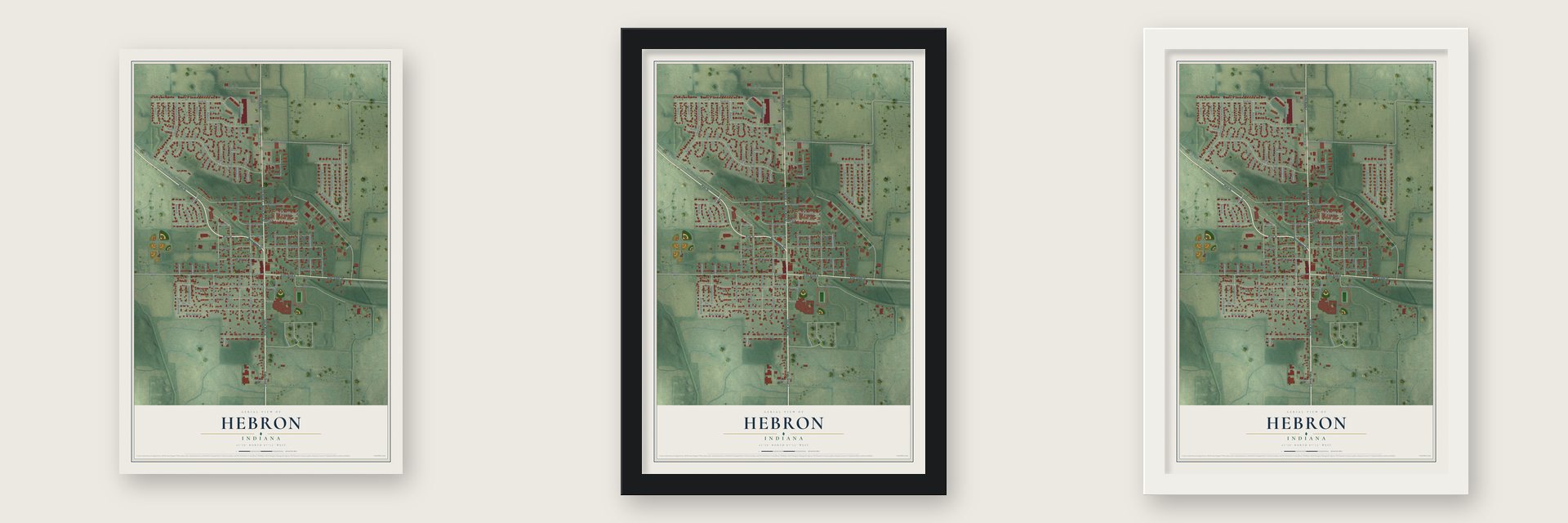 Hebron, Indiana map unframed, in a black wood frame and in a white wood frame